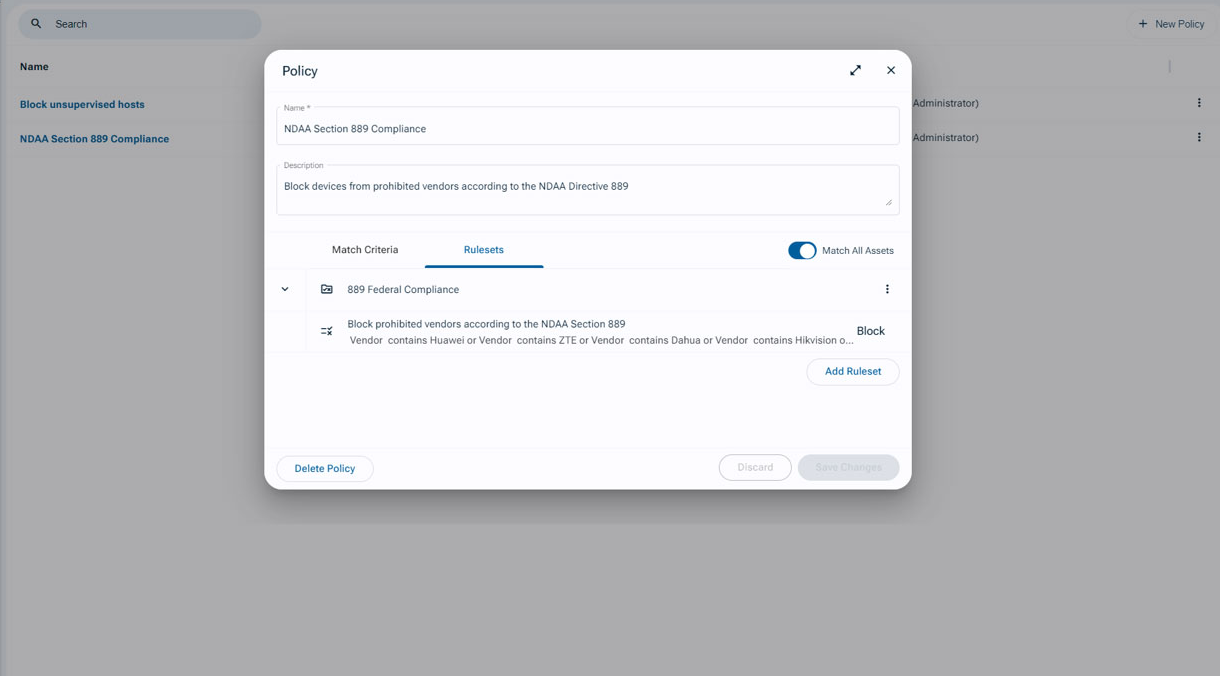 A CybrIQ policy editor configuring an NDAA Section 889 compliance rule. The ruleset blocks devices from prohibited vendors (Huawei, ZTE, Dahua, Hikvision) per NDAA Directive 889, applied across all monitored assets. A second policy in the list blocks unsupervised hosts.