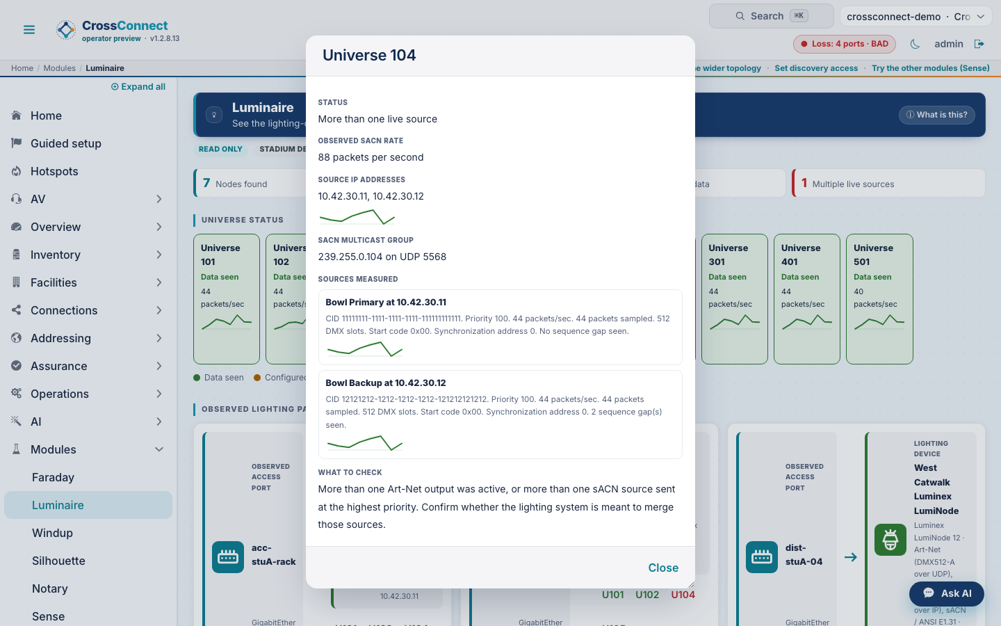 Luminaire detail for a universe with more than one live source, including packet rate and observed data sources.