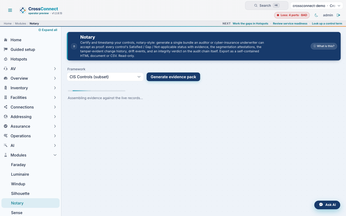 Notary evidence-pack screen before a pack is generated.