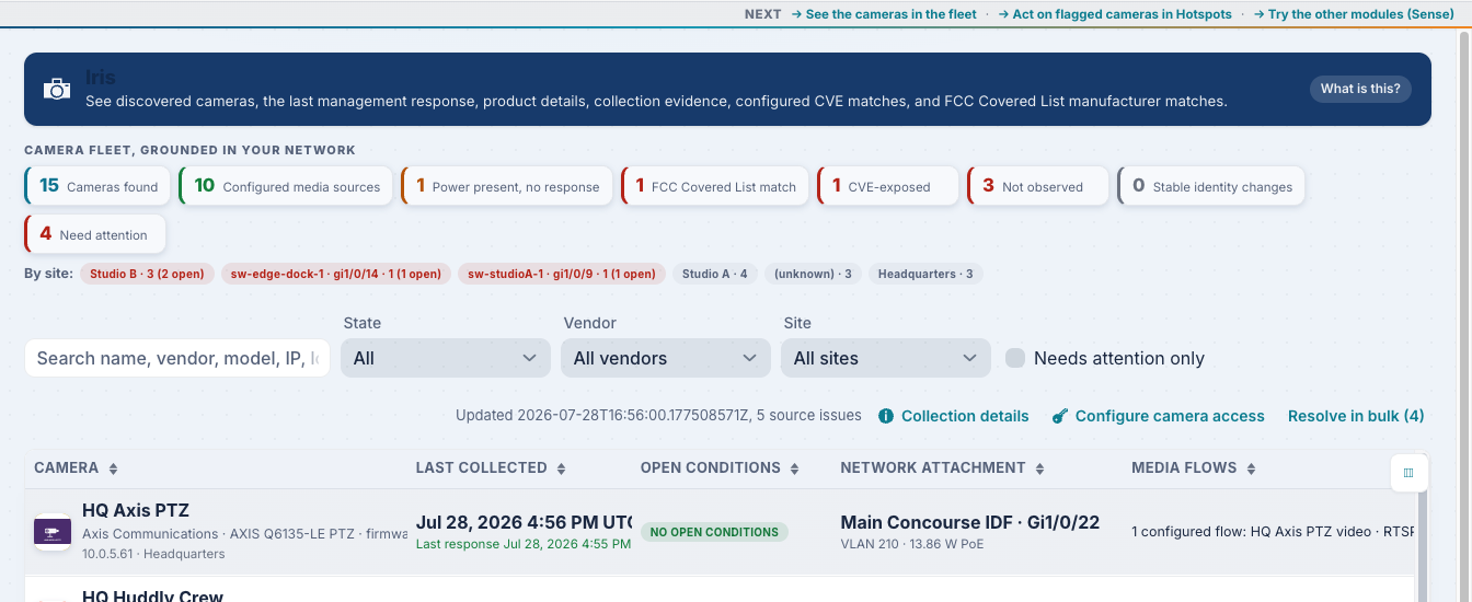 Iris in CrossConnect, listing AV endpoints with identity, status, and the switch port and power behind each.
