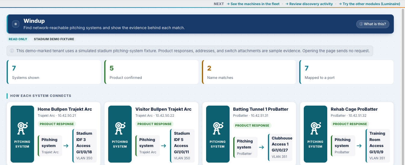 Windup in CrossConnect, identifying networked pitching systems with the evidence behind each and the switch port it sits on.